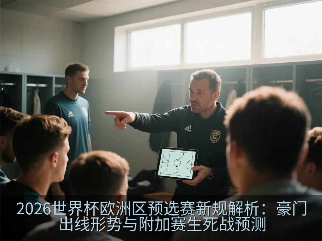 专业足球场在黄昏下的宏伟景象,象征欧洲区预选赛生死战舞台